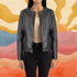 Women Black Collarless Leather Jacket